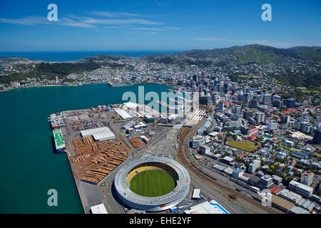 Westpac Stadium (The Cake Tin), Wellington Harbour, Central Business District, Wellington, North Island, New Zealand - aerial Stock Photo