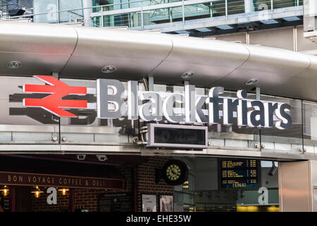 Entrance and sign of the new Blackfriars Station on the south bank of the Embankment, London with the National Rail logo Stock Photo