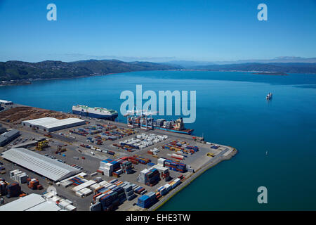 Thorndon Container Terminal, and Wellington Harbour,  Wellington, North Island, New Zealand - aerial Stock Photo