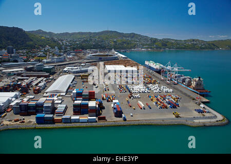 Thorndon Container Terminal, and Wellington Harbour,  Wellington, North Island, New Zealand - aerial Stock Photo