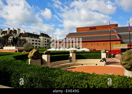 Exteriors,Interior of the British Library,smoked glass wall of the King's Library in the background,Wall Painting,London,UK Stock Photo