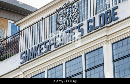 Sign outside the Globe Theatre, New Globe Walk, south bank, London Borough of Southwark, London SE1: 'Shakespeare's Globe' Stock Photo