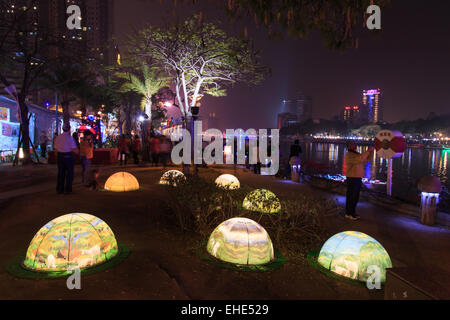 Kaohsiung, Taiwan, February 23, 2015: People at the lantern festival in Kaohsiung, Taiwan by the Love River. Stock Photo