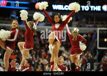 Chicago, IL, USA. 12th Mar, 2015. Indiana Hoosiers cheerleaders perform in the second half during the 2015 Big Ten Men's Basketball Tournament game between the Northwestern Wildcats and the Indiana Hoosiers at the United Center in Chicago, IL. Patrick Gorski/CSM/Alamy Live News Stock Photo