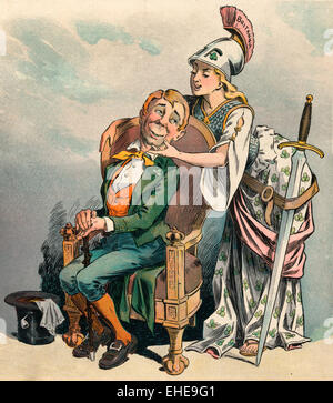 A Flirtation - Illustration showing Britannia wearing a robe decorated with shamrocks, an armor breastplate, helmet, and with a large sword at her side, wooing an Irish man sitting in a chair.  Political cartoon, circa 1900 Stock Photo