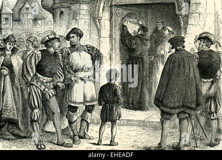 Martin Luther nailing his 95 theses on the door of the castle church of ...