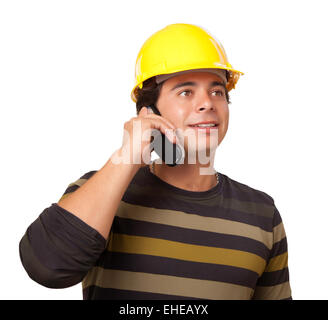 Handsome Hispanic Contractor with Hard Hat Talking on His Cell Phone Isolated on White. Stock Photo