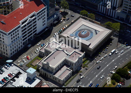 Old and new buildings of the Supreme Court of New Zealand, Wellington, North Island, New Zealand - aerial Stock Photo