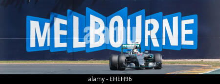 Albert Park, Melbourne, Australia. 13th Mar, 2015. Lewis Hamilton (GBR) #44 from the Mercedes AMG Petronas F1 Team rounds turn 3 at the 2015 Australian Formula One Grand Prix at Albert Park, Melbourne, Australia. Sydney Low/Cal Sport Media/Alamy Live News Stock Photo