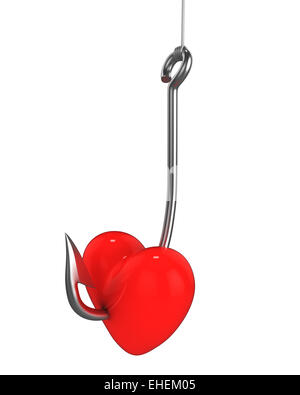 Red heart on a fishing hook Stock Photo