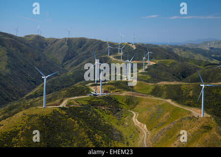 Makara Wind Farm (Project West Wind) near Wellington, North Island, New Zealand - aerial Stock Photo