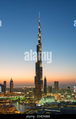 Burj Khalifa and skyline of Downtown Dubai at night in United Arab Emirates Stock Photo