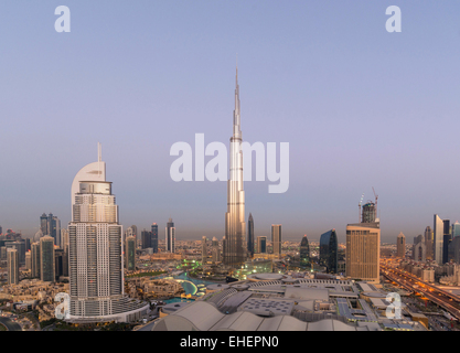 Burj Khalifa , the Dubai Mall and skyline of Downtown Dubai at sunrise in United Arab Emirates