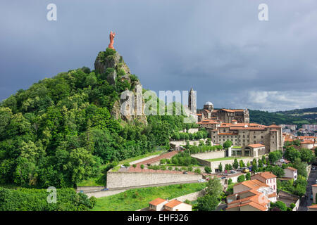 Statue of Notre-Dame de la France, built in 1860, on the volcanic cone Rocher Corneille, next to the Cathedral, Le Puy-en-Velay Stock Photo