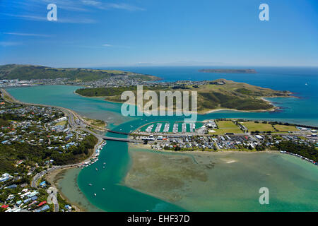 Pauatahanui Inlet and Mana Marina, Porirua Harbour, Wellington Region, North Island, New Zealand - aerial Stock Photo