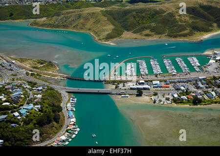 Mana Marina and Porirua Harbour, Wellington Region, North Island, New Zealand - aerial Stock Photo