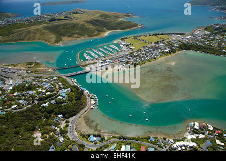 Pauatahanui Inlet and Mana Marina, Porirua Harbour, Wellington Region, North Island, New Zealand - aerial Stock Photo