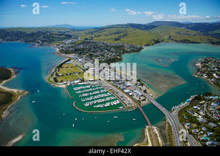 Mana Marina and Porirua Harbour, Wellington Region, North Island, New Zealand - aerial Stock Photo