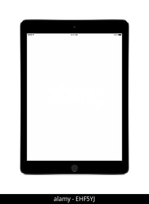Front view of black tablet computer with blank screen mockup on white background. Stock Photo