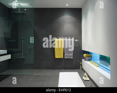 Tiled bath and shower room with sunken bath and hand rail in Cherry Orchard home, UK Stock Photo