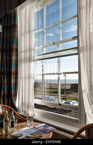 The view from a sea front room at the White Lion Hotel in Aldeburgh, Suffolk, UK Stock Photo