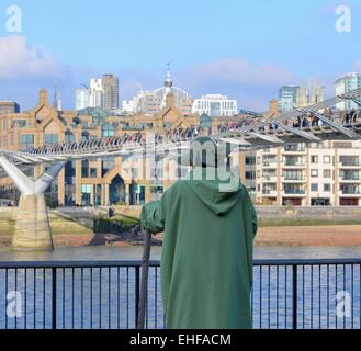 A street entertainer dressed as Star Wars character Yoda, South Bank, London Stock Photo