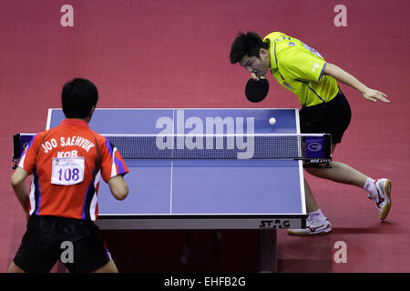 Jaipur, India. 13th Mar, 2015. Fan Zhendong (R) of China competes during a group match against Joo Saehyuk of South Korea on the first day of the 28th Table Tennis Asian Cup in Jaipur, India, March 13, 2015. Fan Zhendong of China won 3-2. Credit:  Zheng Huansong/Xinhua/Alamy Live News Stock Photo