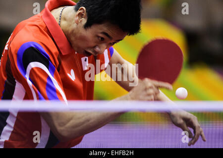 Jaipur, India. 13th Mar, 2015. Joo Saehyuk of South Korea competes during a group match against Fan Zhendong of China on the first day of the 28th Table Tennis Asian Cup in Jaipur, India, March 13, 2015. Joo Saehyuk of South Korea lost 2-3. Credit:  Zheng Huansong/Xinhua/Alamy Live News Stock Photo