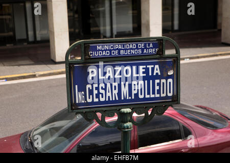 Argentina, Buenos Aires, Plazoleta, Ing Cesar M, Polledo, French style blue enamel street name sign Stock Photo