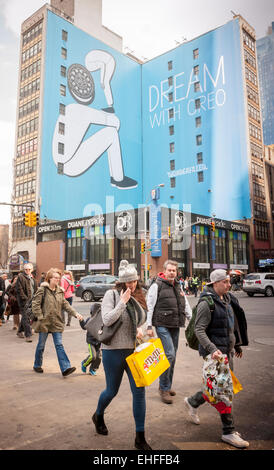 Advertising for Nabisco's Oreo Cookies in Times Square in New York on Sunday, March 8, 2015. The company has upped the ante for cookie lovers by coming out with multiple flavors of the milk and cookie staple. Recent additions include 'Red Velvet' and 'Birthday Cake' with reports of cotton candy and peanut butter coming.  (© Richard B. Levine) Stock Photo