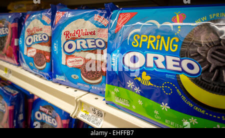 Boxes of Nabisco's Oreo Cookies in multiple yummy flavors on a supermarket shelf in New York on Tuesday, March 9, 2015. The company has upped the ante for cookie lovers by coming out with multiple flavors of the milk and cookie staple. Recent additions include 'Red Velvet' and 'Birthday Cake' with reports of cotton candy and peanut butter coming.  (© Richard B. Levine) Stock Photo