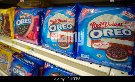 Boxes of Nabisco's Oreo Cookies in multiple yummy flavors on a supermarket shelf in New York on Tuesday, March 9, 2015. The company has upped the ante for cookie lovers by coming out with multiple flavors of the milk and cookie staple. Recent additions include 'Red Velvet' and 'Birthday Cake' with reports of cotton candy and peanut butter coming.  (© Richard B. Levine) Stock Photo