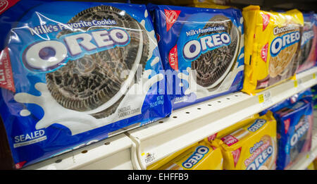 Boxes of Nabisco's Oreo Cookies in multiple yummy flavors on a supermarket shelf in New York on Tuesday, March 9, 2015. The company has upped the ante for cookie lovers by coming out with multiple flavors of the milk and cookie staple. Recent additions include 'Red Velvet' and 'Birthday Cake' with reports of cotton candy and peanut butter coming.  (© Richard B. Levine) Stock Photo