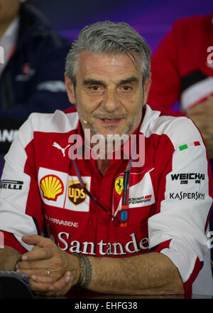 Melbourne, Australia. 13th Mar, 2015. Scuderia Ferrari Formula One Team Principal Maurizio Arrivabene speaks during a press conference after the second practice session ahead of Australian Formula One Grand Prix at Albert Park in Melbourne, Australia on March 13, 2015. © Bai Xue/Xinhua/Alamy Live News Stock Photo