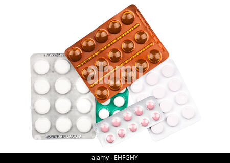 A variety of medicinal tablets in blister pack cutout on white background Stock Photo