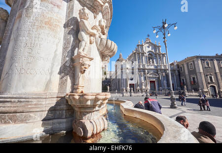 Cathedral of Saint Agatha, with the fountain below the Lava Elephant in Catania, Sicily, Italy. Stock Photo