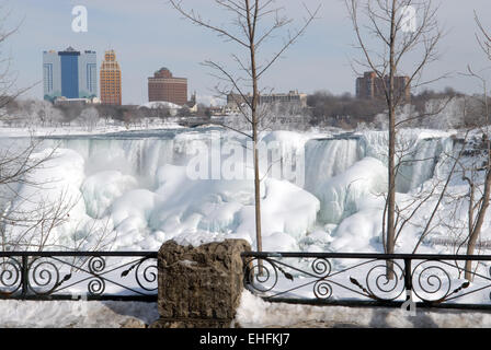 Niagara Falls almost completely frozen over in sub zero temperatures in February of Stock Photo