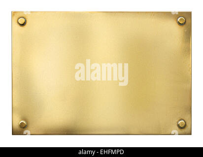 blank gold or brass metal sign or nameboard isolated on white Stock Photo