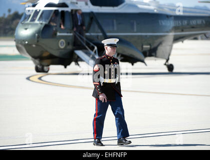 Los Angeles, California, USA. 12th Mar, 2015. The Marine Corps' HMX-1 squadron has served as presidential and VIP transport since 1947. The HMX-1 squadron utilizes a variety of helicopters and tilt rotor aircraft painted in a distinctive glossy dark green color with white top. While the US Air Force operates the Boeing 747, known as Air Force One with the president aboard, the Marine Corps HMX-1 operates local helicopter transport using the call sign 'Marine One' with the president aboard. Credit:  ZUMA Press, Inc./Alamy Live News Stock Photo