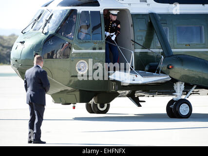 Los Angeles, California, USA. 12th Mar, 2015. The Marine Corps' HMX-1 squadron has served as presidential and VIP transport since 1947. The HMX-1 squadron utilizes a variety of helicopters and tilt rotor aircraft painted in a distinctive glossy dark green color with white top. While the US Air Force operates the Boeing 747, known as Air Force One with the president aboard, the Marine Corps HMX-1 operates local helicopter transport using the call sign 'Marine One' with the president aboard. Credit:  ZUMA Press, Inc./Alamy Live News Stock Photo