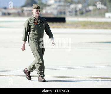 Los Angeles, California, USA. 12th Mar, 2015. The Marine Corps' HMX-1 squadron has served as presidential and VIP transport since 1947. The HMX-1 squadron utilizes a variety of helicopters and tilt rotor aircraft painted in a distinctive glossy dark green color with white top. While the US Air Force operates the Boeing 747, known as Air Force One with the president aboard, the Marine Corps HMX-1 operates local helicopter transport using the call sign 'Marine One' with the president aboard. Credit:  ZUMA Press, Inc./Alamy Live News Stock Photo