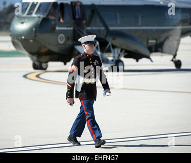 Los Angeles, California, USA. 12th Mar, 2015. The Marine Corps' HMX-1 squadron has served as presidential and VIP transport since 1947. The HMX-1 squadron utilizes a variety of helicopters and tilt rotor aircraft painted in a distinctive glossy dark green color with white top. While the US Air Force operates the Boeing 747, known as Air Force One with the president aboard, the Marine Corps HMX-1 operates local helicopter transport using the call sign 'Marine One' with the president aboard. Credit:  ZUMA Press, Inc./Alamy Live News Stock Photo