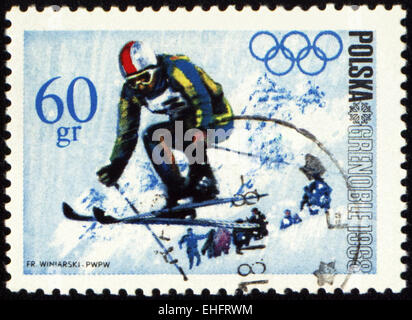 POLAND - CIRCA 1968: A post stamp printed in Poland shows ski jumper Stock Photo