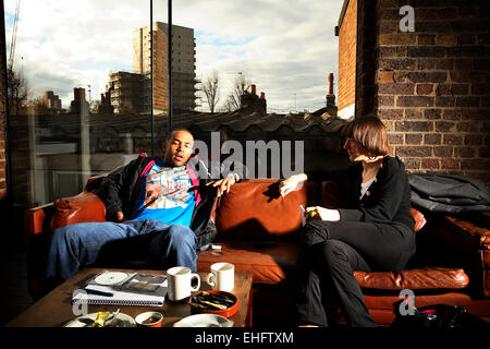 Craig David being interviewed by writer Helen Jennings at Spring Studios London. Stock Photo