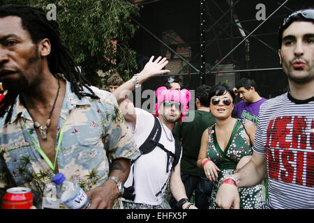 Guy in a plastic pink wig at Sonar by Day Barcelona. Stock Photo