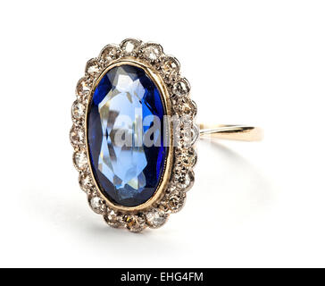 Blue hardstone and diamond cluster gold ring. Stock Photo