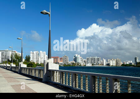 Dos Hermanos Bridge, El Condado Lagoon and El Condado skyline, San Juan, Puerto Rico Stock Photo