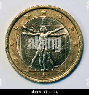 one euro coin, Italian side showing the Vitruvian man drawing by
