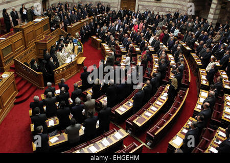 Athens, Greek. 13th Mar, 2015. Newly elected Greek President Prokopis Pavlopoulos waits to take the oath during a swearing-in ceremony inside the parliament in Athens, Greek, on March 13, 2015. The new president of the Hellenic Republic, Prokopis Pavlopoulos, was sworn in here on Friday. © Marios Lolos/Xinhua/Alamy Live News Stock Photo