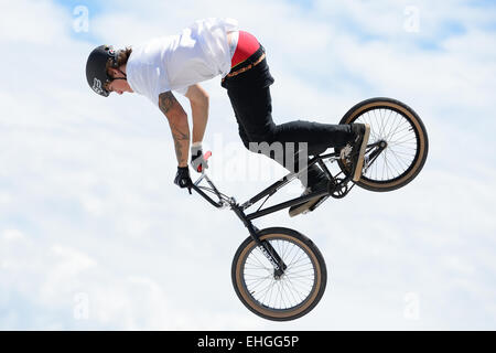 BARCELONA - JUNE 28: A professional rider at the MTB (Mountain Biking) competition on the Dirt Track at LKXA Extreme Sports. Stock Photo